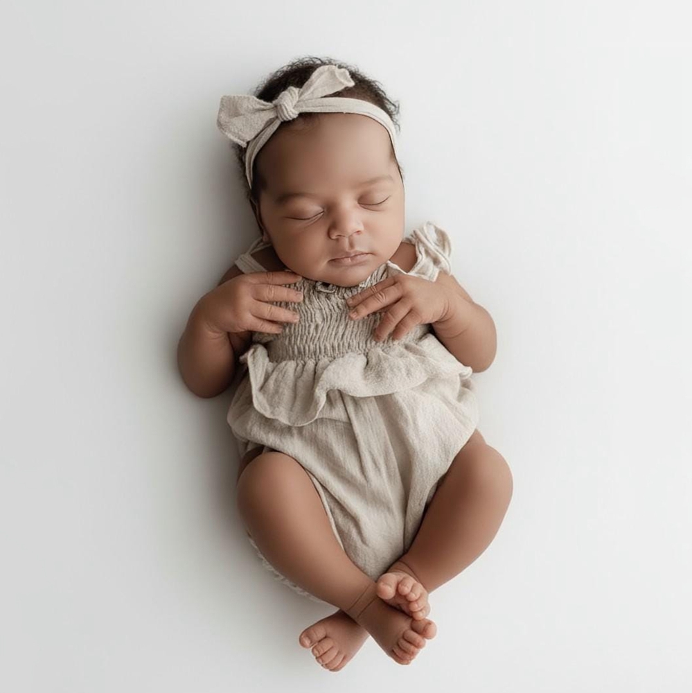 Infant Photography Props Outfit - Neugeborenen-Fotografie-Requisiten Baby Mädchen Gelber Leinen-Baumwoll-Off-Shoulder-Rüschen-Strampler mit