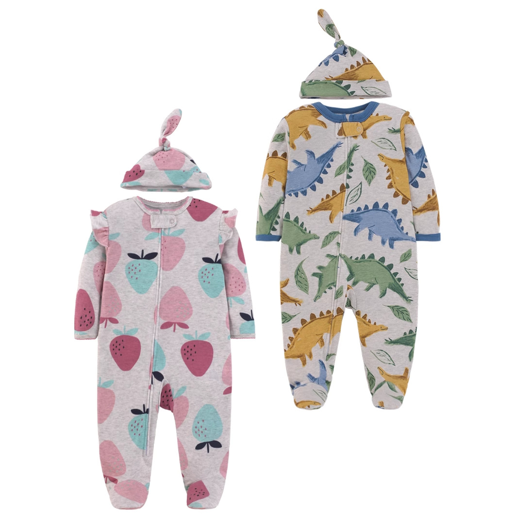 Cotton Baby Onesies Zipper - Neugeborenen-Baby Reiner Baumwoll-Strampler Pyjama mit Cartoon-Druck