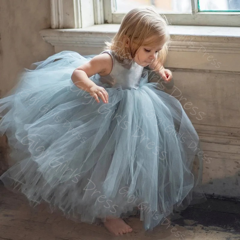 Toddler Girl Tulle Party Dress - Blaues Blumenmädchenkleid für Hochzeit, Kleinkinder, Spaghettiträger,