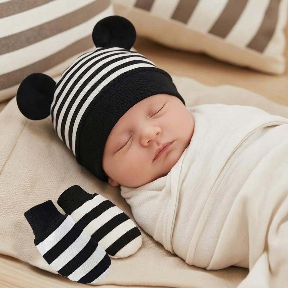 Infant Beanie Hat With Ears - Baby Kratzschutz-Handschuhe und -Schühchen, Neugeborenen-Mützen-Handschuh-Set, Baumwoll-Baby-Mütze