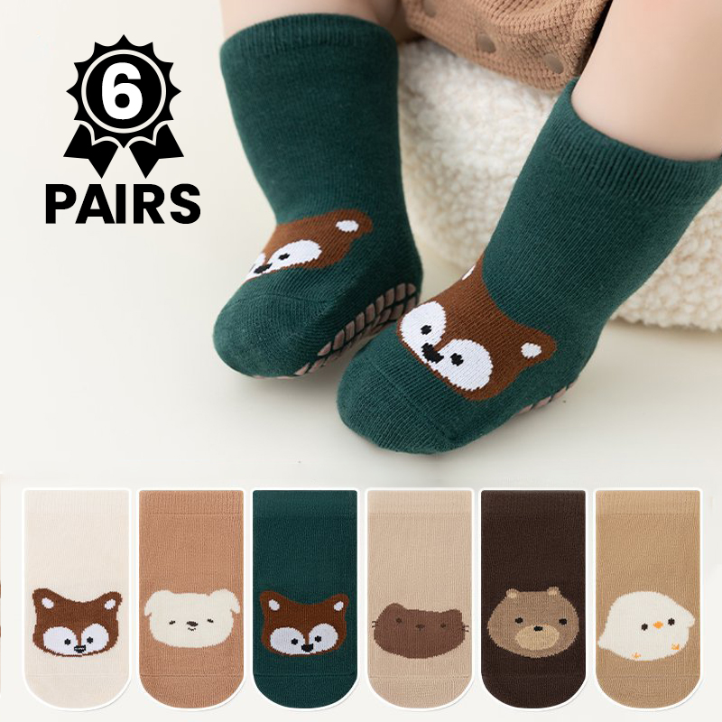 Unisex Baby Socks Non Slip - 6 Paar Niedliche Cartoon-Tier-Baby-Anti-Rutsch-Bodensocken, Weiche Kleinkind-Anti-Rutsch-Socken