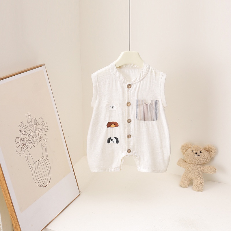 Baby Summer Linen Sleeveless Jumpsuit - 2026 Sommer Cartoon-Bären-Print 3M-3J Baby-Strampler mit