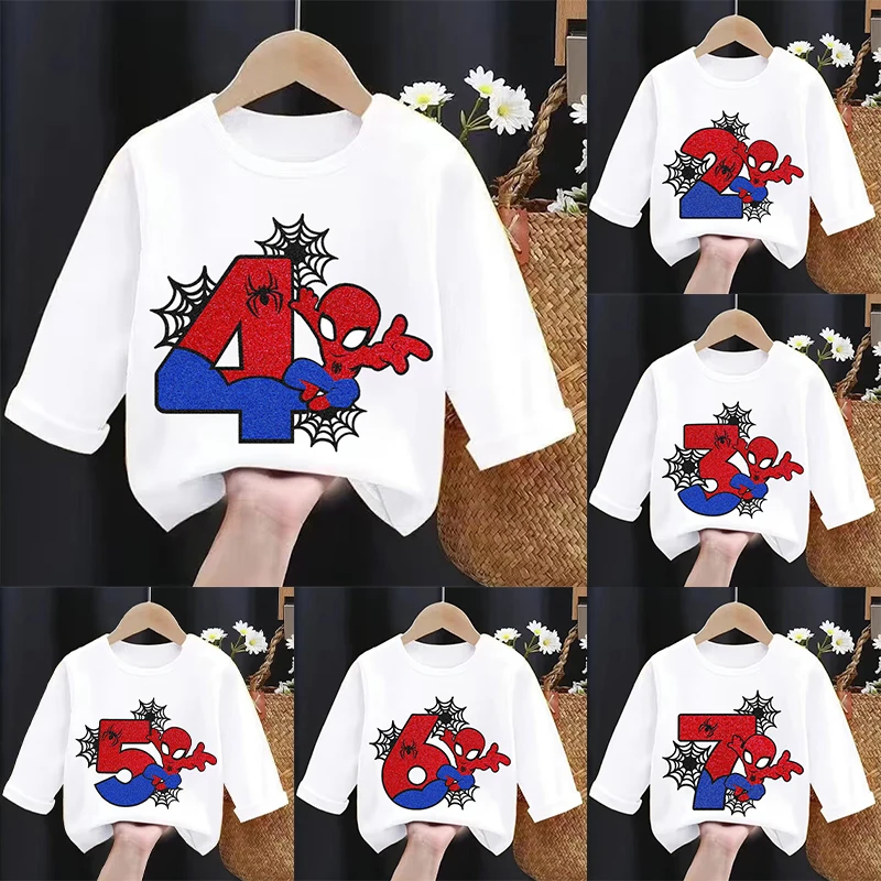 Baby Clothes - Neue Spider-Kind-T-Shirts mit langen Ärmeln, Cartoon-Geburtstagszahl-Print,