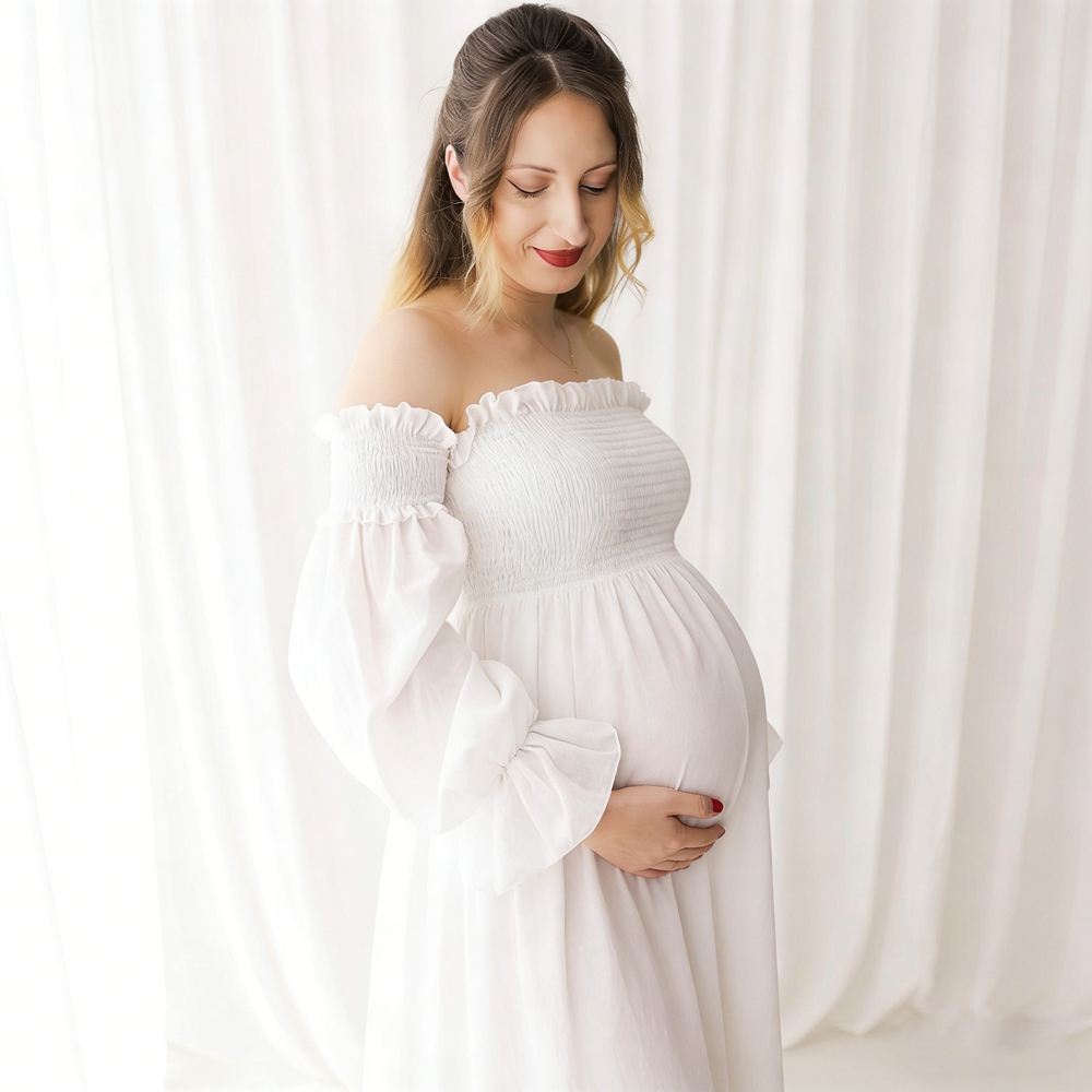 Maternity Wear - Umstandskleid für Fotoshootings Weiß Schulterfreies Rüschenkleid