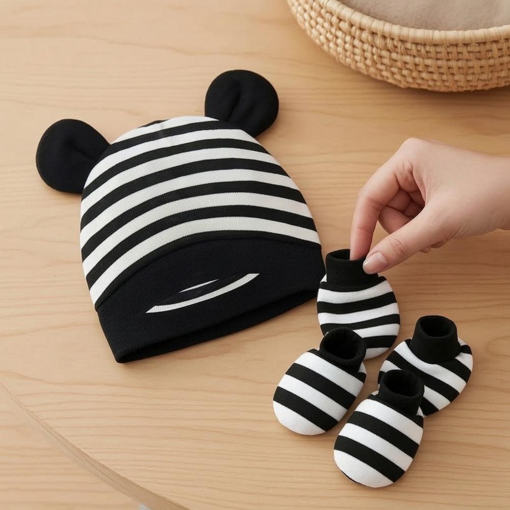 Infant Beanie Hat With Ears - Anti-Kratz-Handschuhe für Neugeborene, Neugeborenen-Baby-Mützen-Handschuh-Set, Baumwoll-Bärenohren-Mütze mit