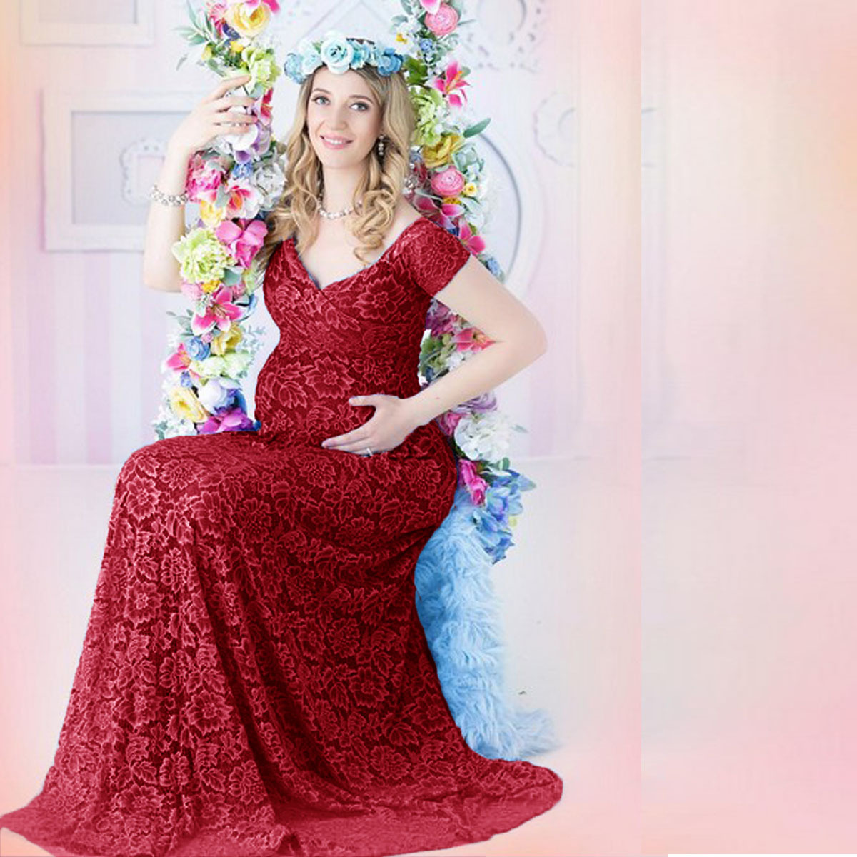 Maternity Wear - Europäisch-Amerikanische Umstandsmode Spitzenkleid mit Schleppe Kurzarm
