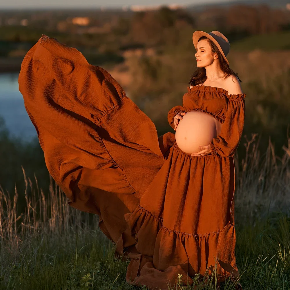 Maternity Wear - Sexy schulterfreies Retro-Umstandsfotografie-Kleid, bequemes Schwangerschaftskleid, Leinen-Baumwolle,