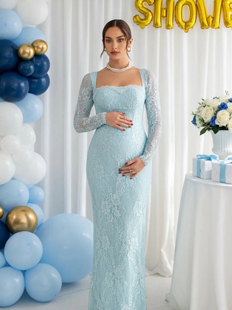 Maternity Wear - Umstands-Fotoshooting-Kleid aus Spitze, langärmelig, durchsichtiges Maxikleid,