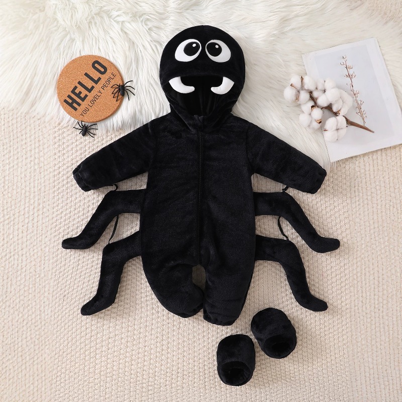 Cotton Baby Onesies Zipper - Neugeborenen Baby Schwarzer Spinnen-Strampler Langarm Kapuzen-Bodysuit