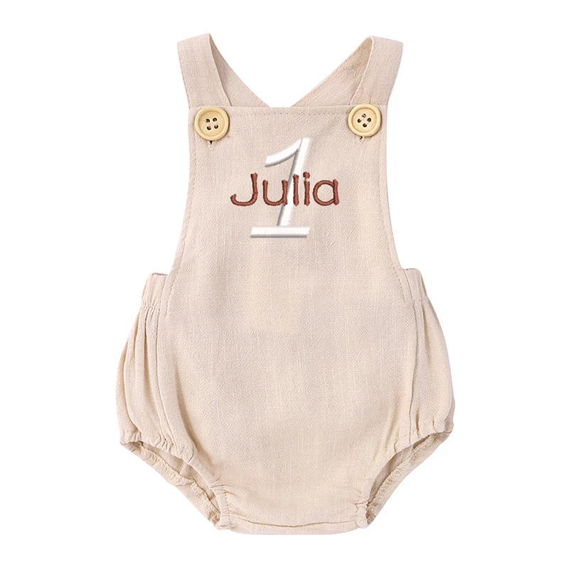 Baby Summer Linen Sleeveless Jumpsuit - Name bestickter Strampler zum 1. Geburtstag,