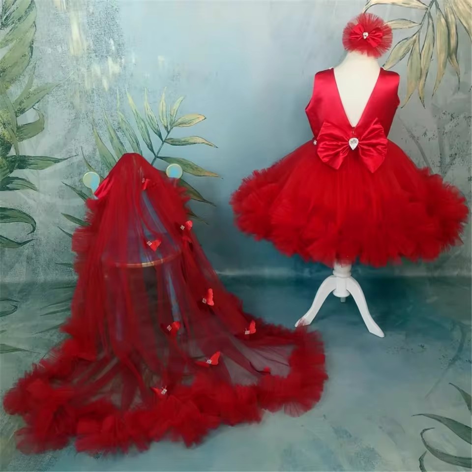 Maßgeschneiderte rote Blumenmä – Toddler Girl Tulle Party Dress Bewertung und Preis