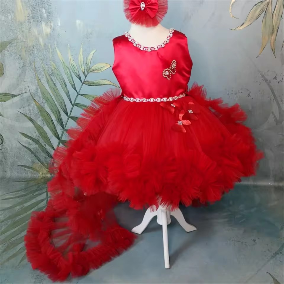 Maßgeschneiderte rote Blumenmä – Toddler Girl Tulle Party Dress Bewertung und Preis