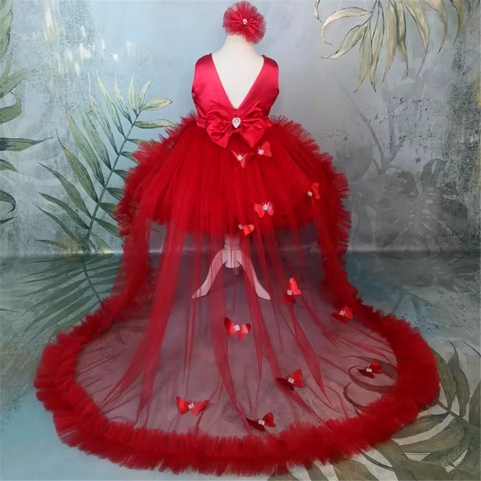 Maßgeschneiderte rote Blumenmä – Toddler Girl Tulle Party Dress Bewertung und Preis